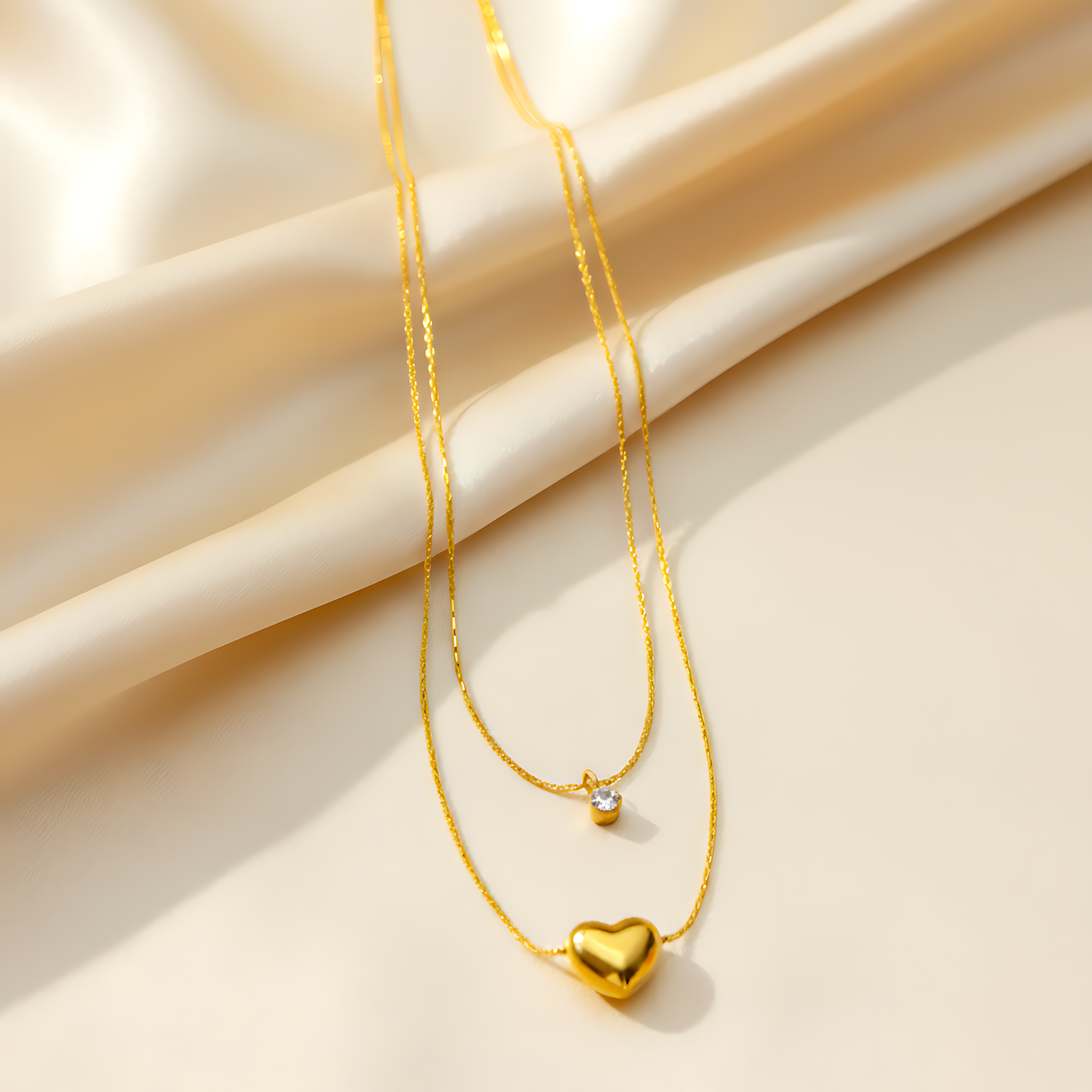 Layered Heart & Crystal Pendant Necklace