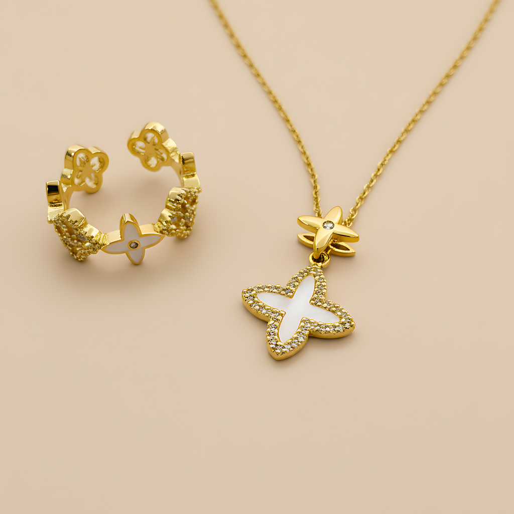 Clover Charm Necklace & Floral Crystal Ring Combo Set