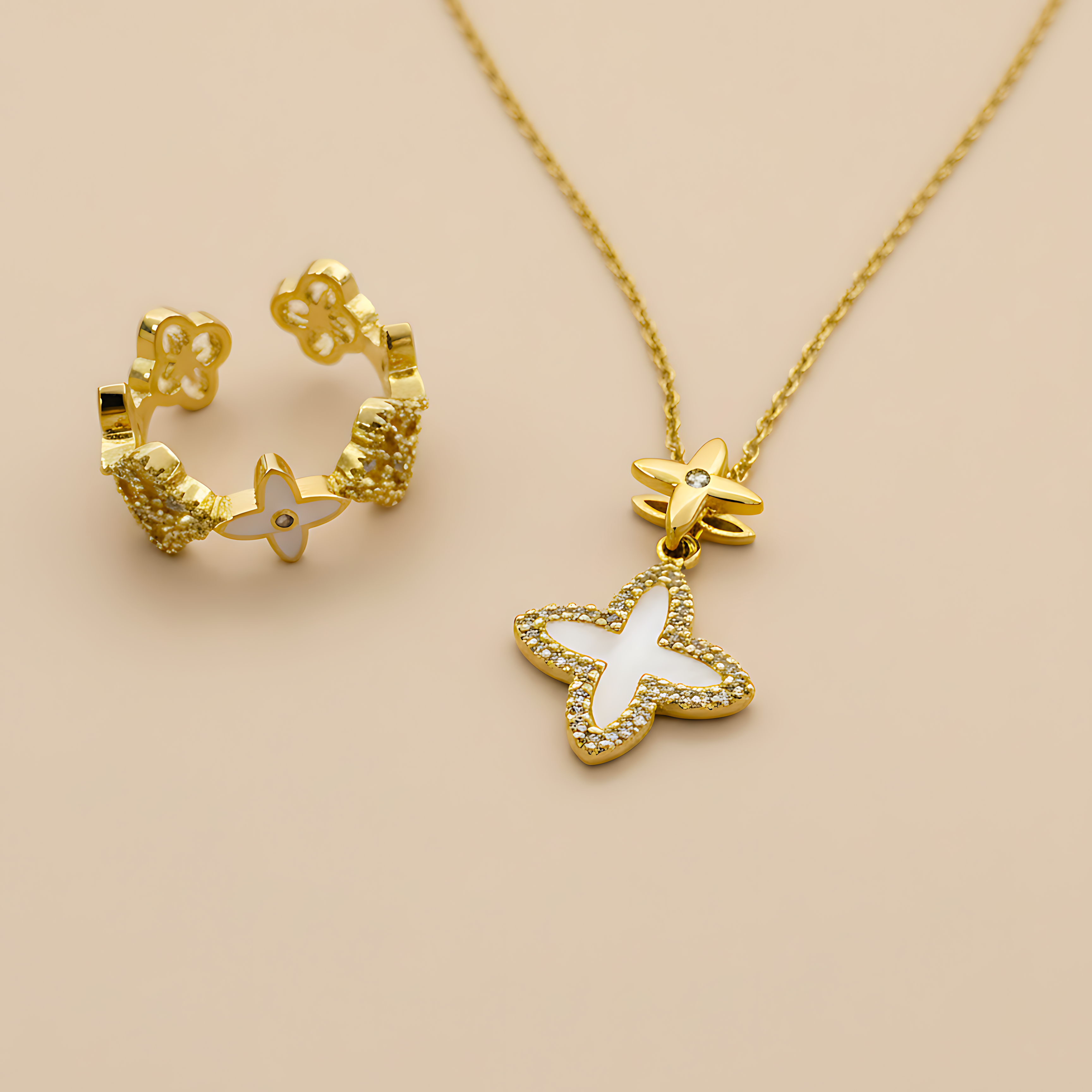 Clover Charm Necklace & Floral Crystal Ring Combo Set