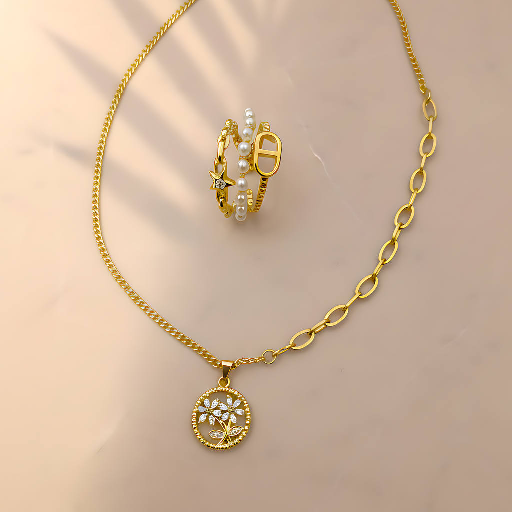 Blossom Pendant Necklace & Triple Layer Ring Combo Set