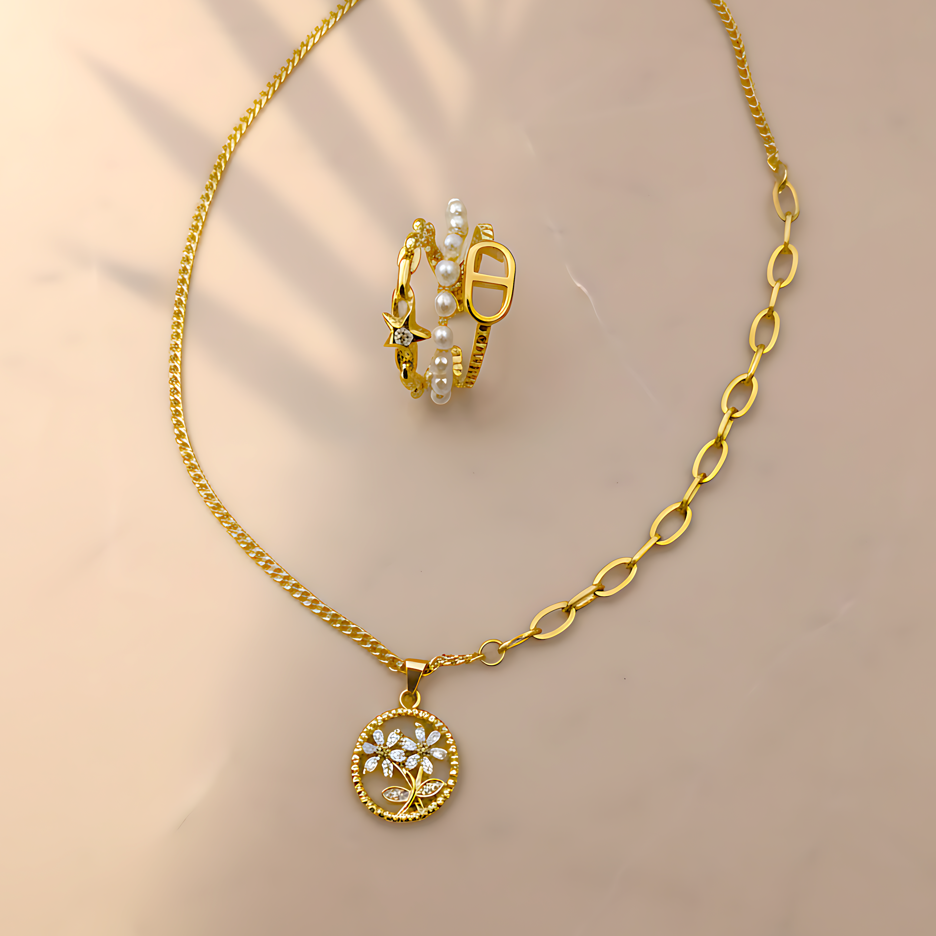 Blossom Pendant Necklace & Triple Layer Ring Combo Set