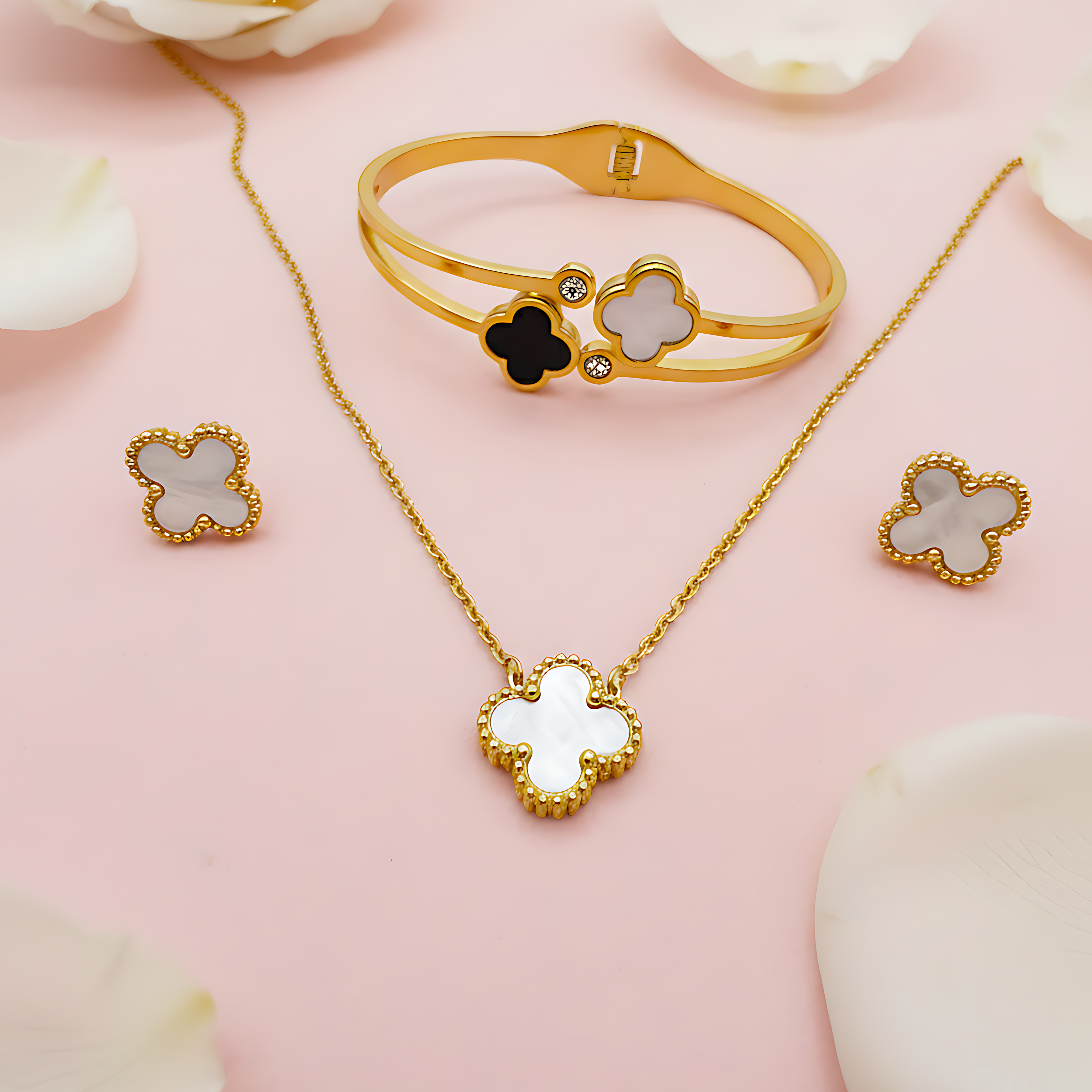 Clover Necklace & Earring Set With Clover Bracelet