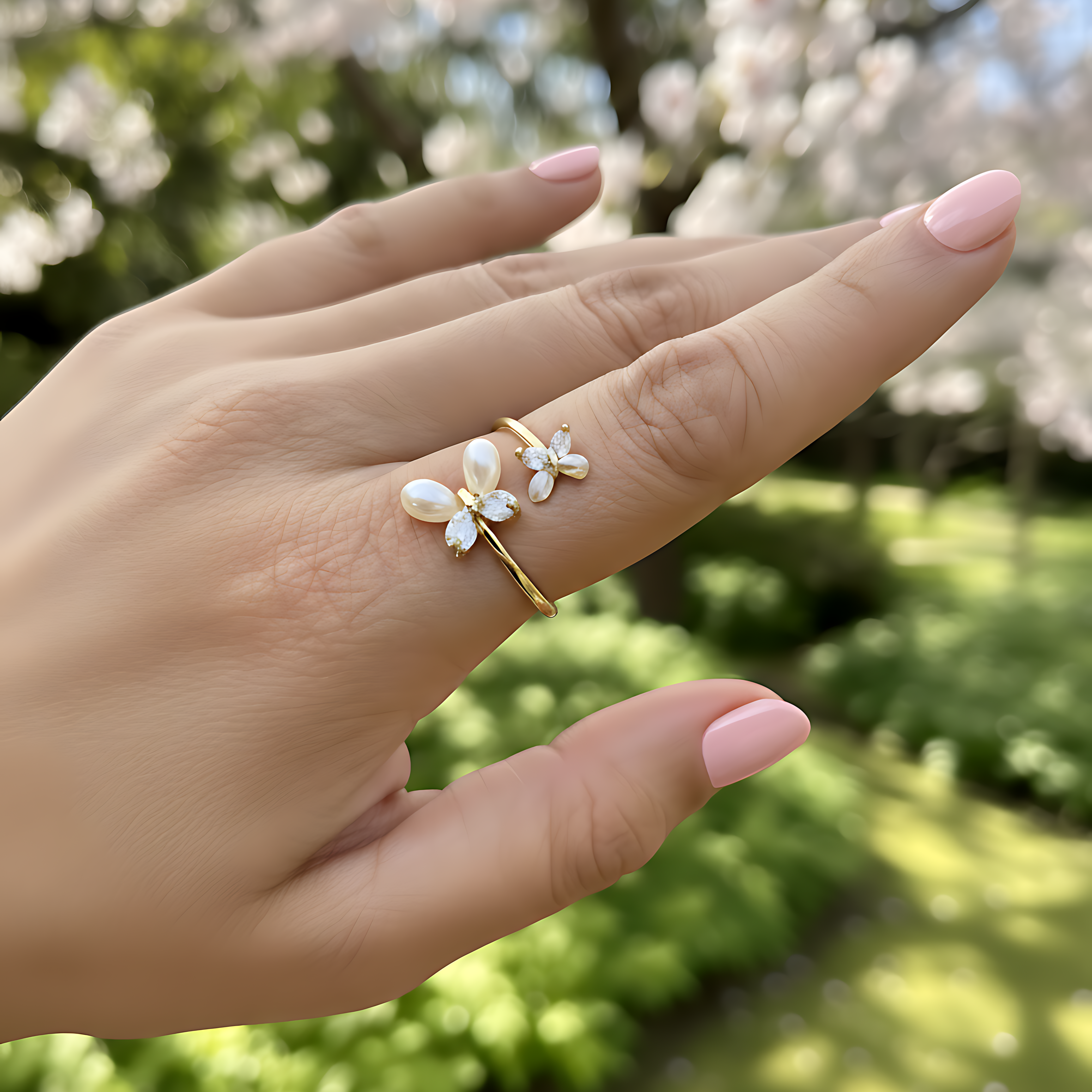 Dual Pearl & Crystal Butterfly Ring