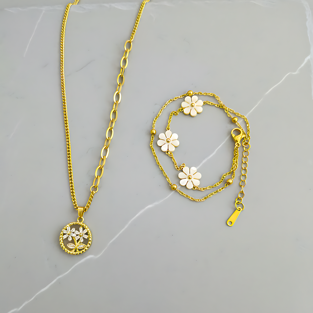 Blossom Necklace & Daisy Charm Bracelet Combo Set