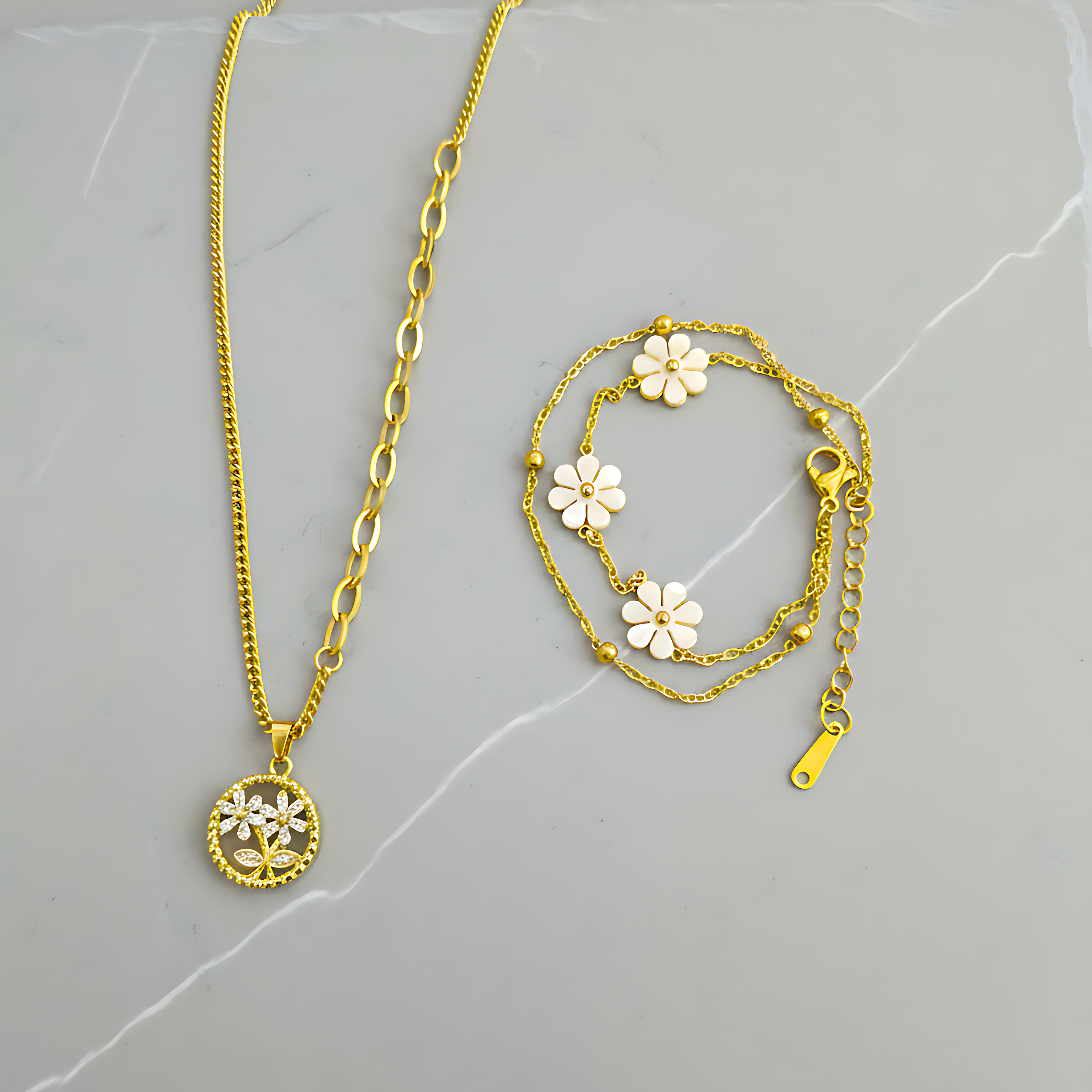 Blossom Necklace & Daisy Charm Bracelet Combo Set