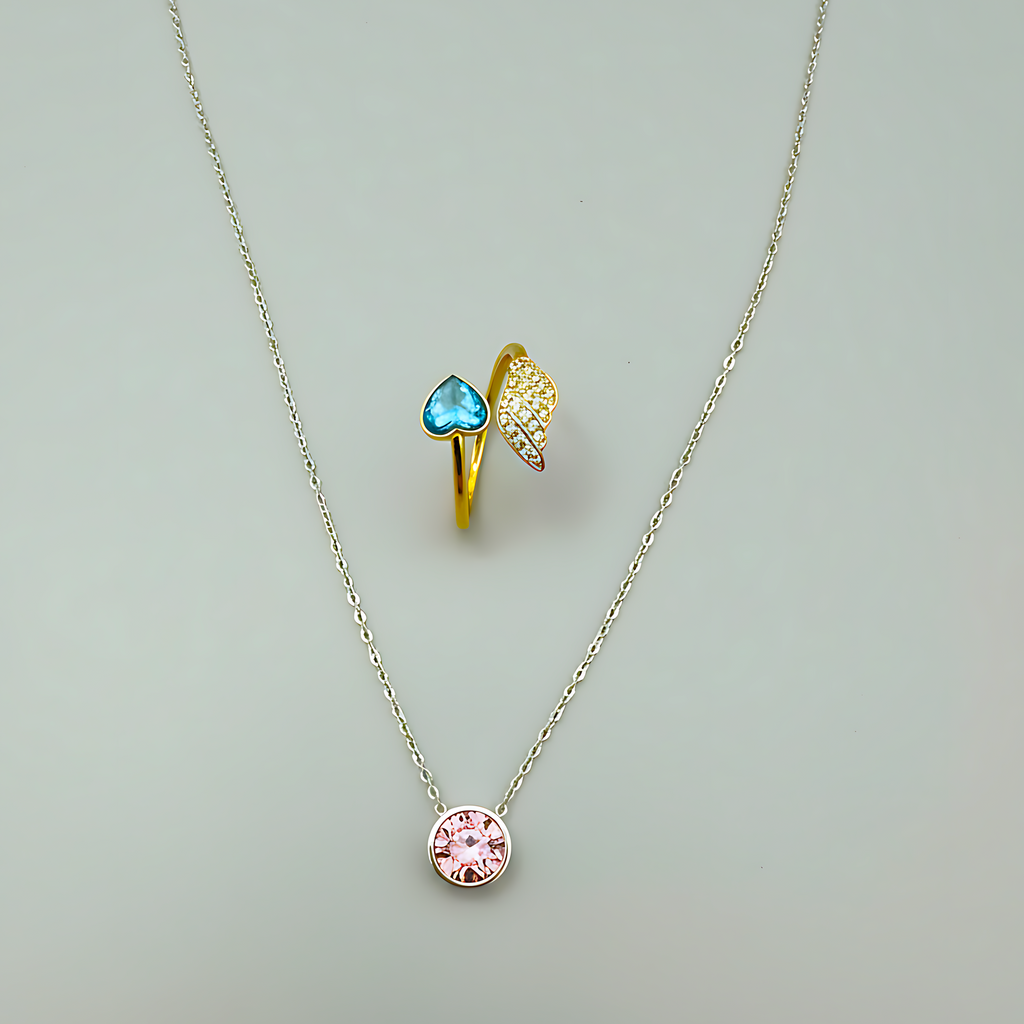 Solitaire Pendant & Blue Heart Ring Combo Set