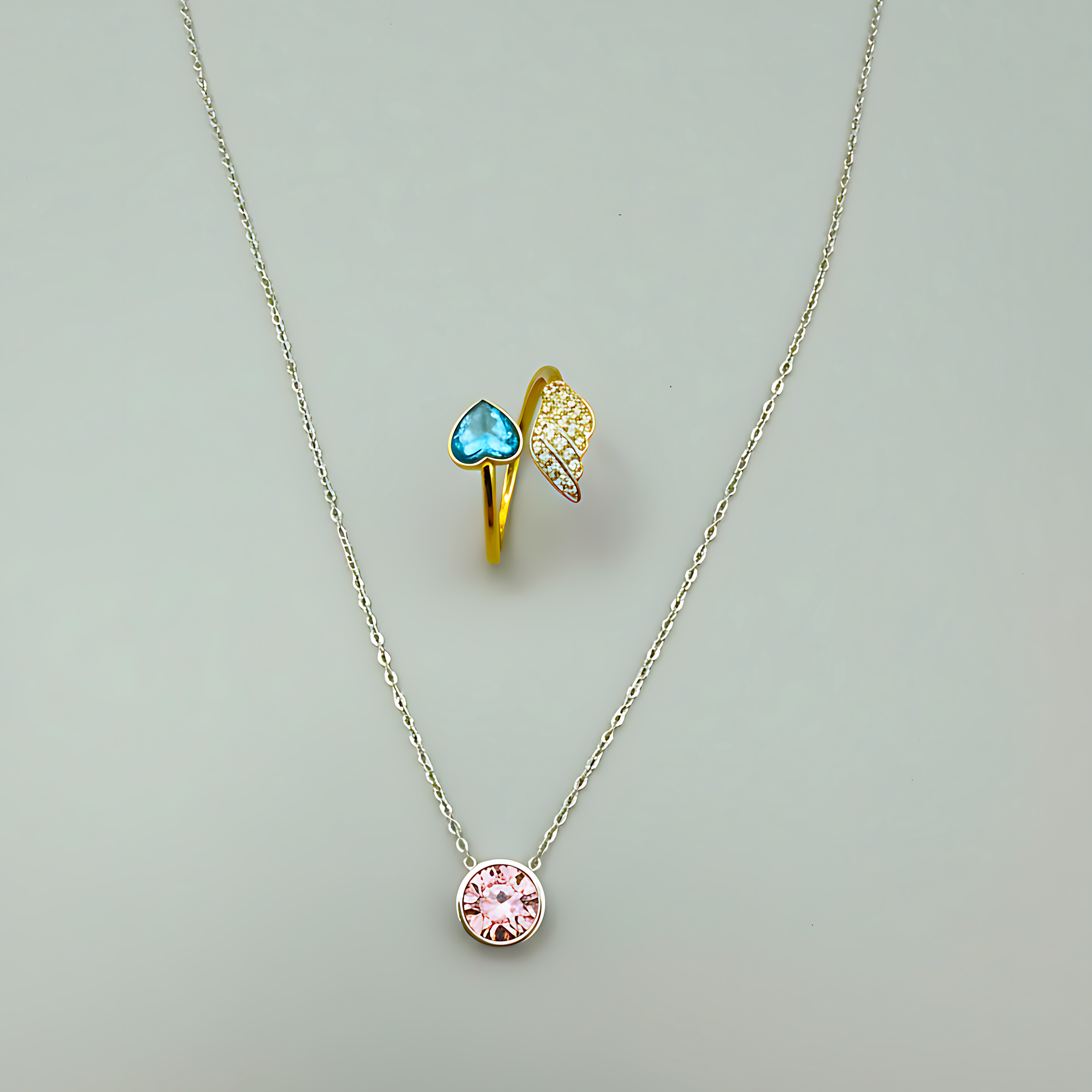 Solitaire Pendant & Blue Heart Ring Combo Set