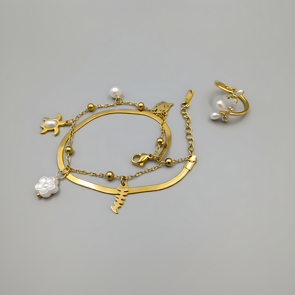 Butterfly Ring & Ocean Pearl Bracelet Combo Set