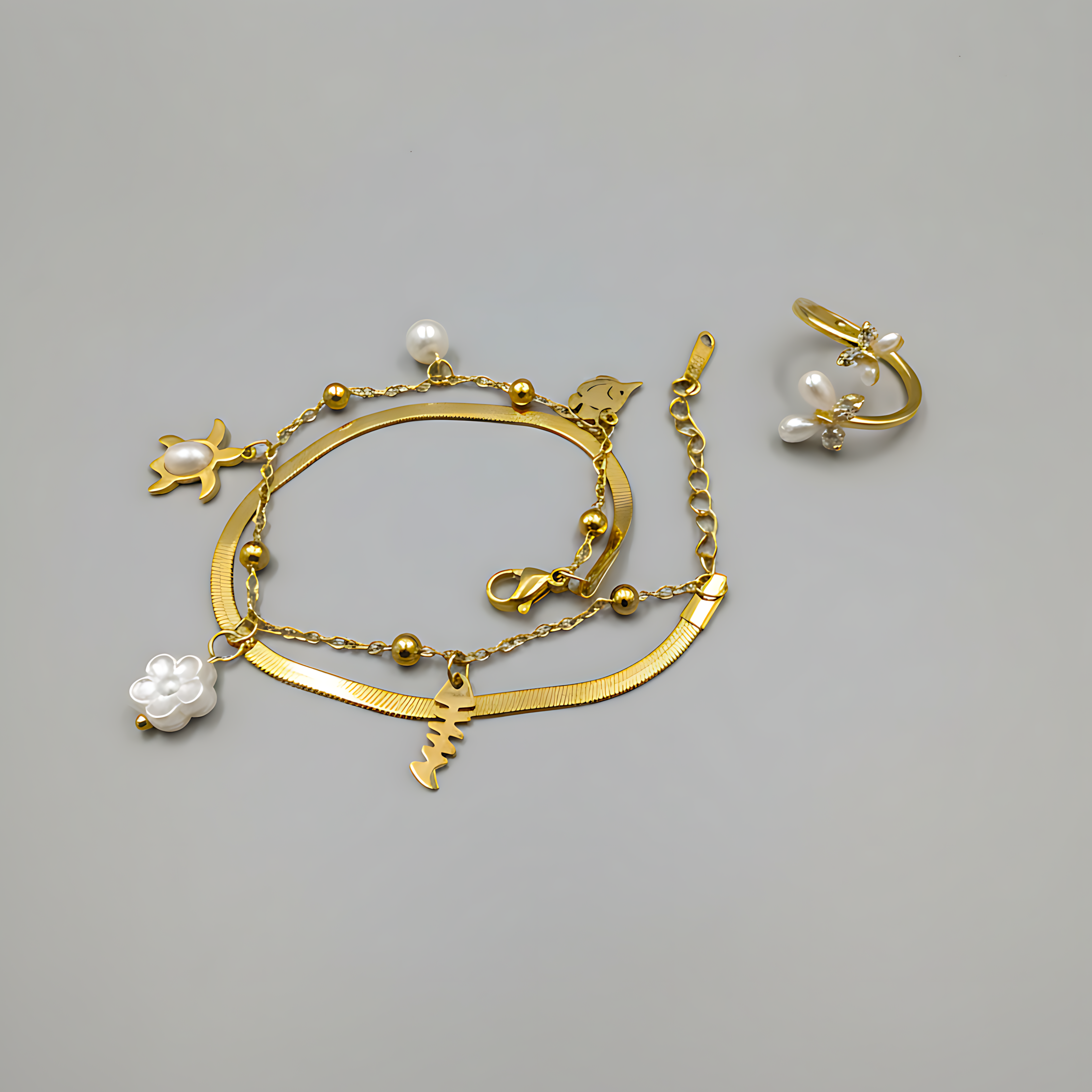 Butterfly Ring & Ocean Pearl Bracelet Combo Set
