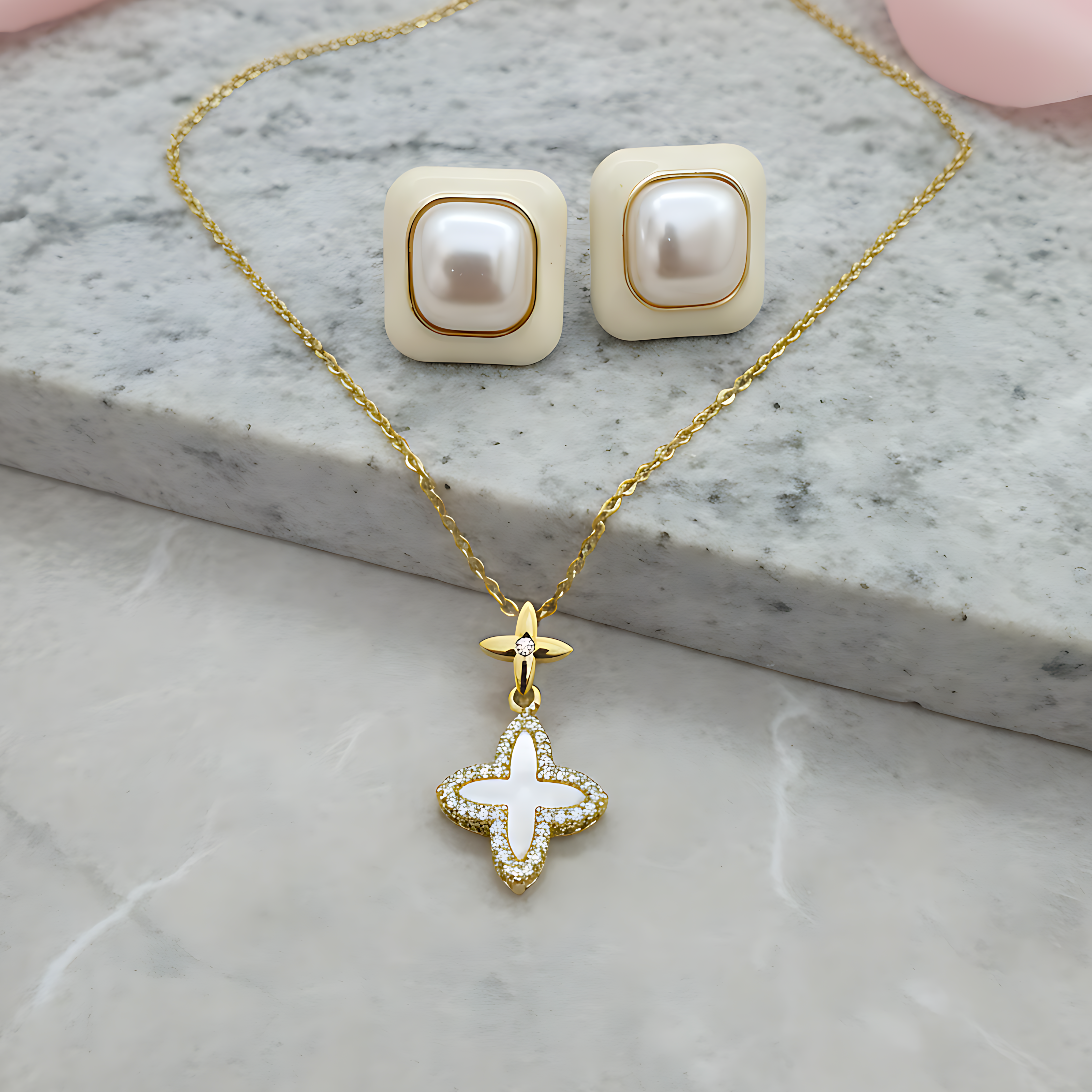 Clover Charm Necklace & Stud Earrings Combo Set
